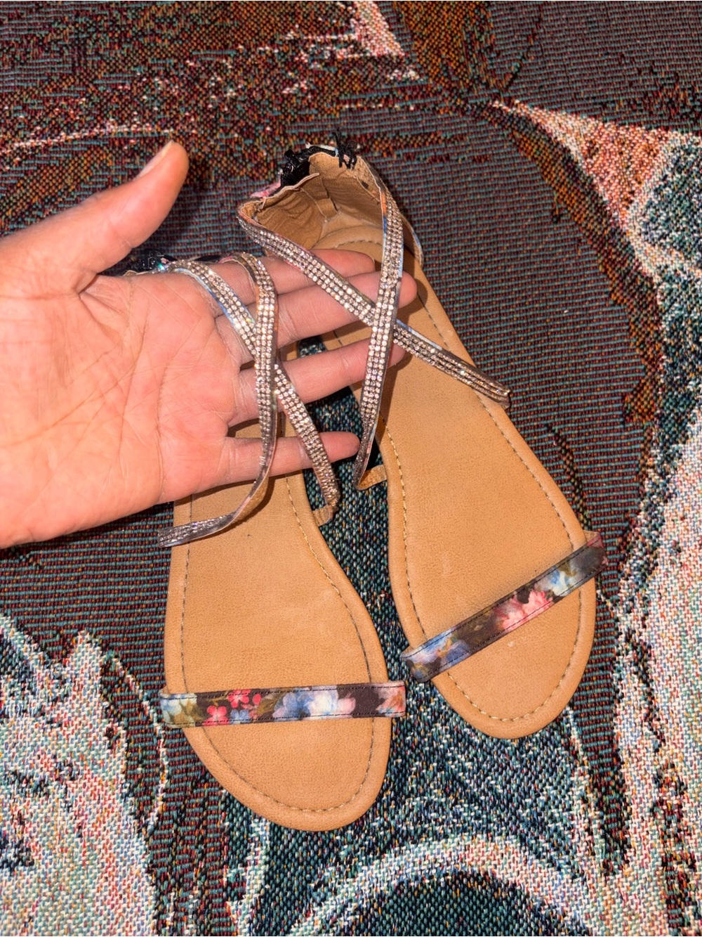 Women's Floral Strap Tan Sandals with Rhinestone Ankle Wrap